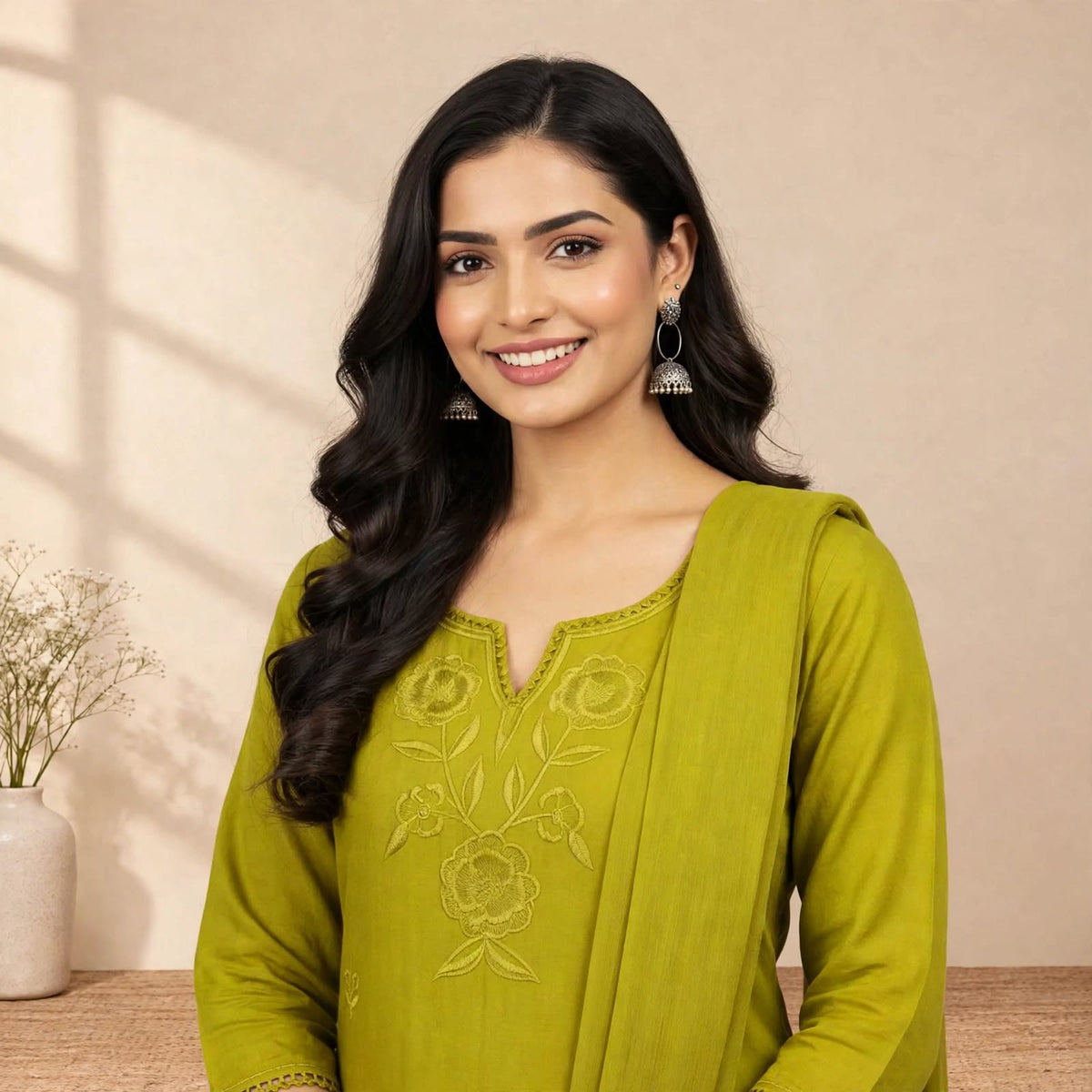 Green Cotton Partywear Suit Set For Women