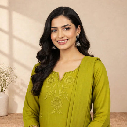 Green Cotton Partywear Suit Set For Women