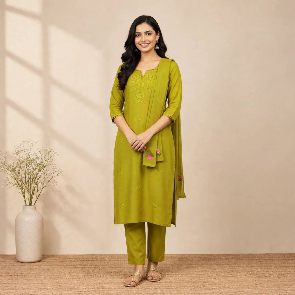 Green Cotton Partywear Suit Set For Women