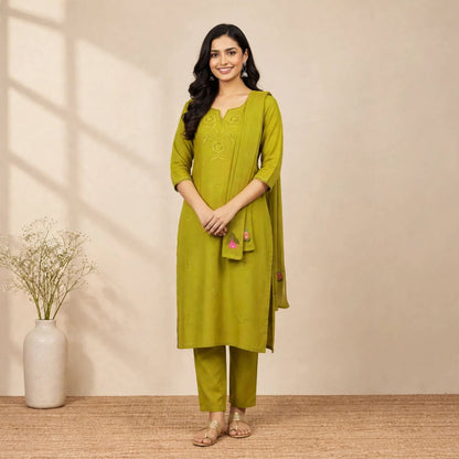 Green Cotton Partywear Suit Set For Women