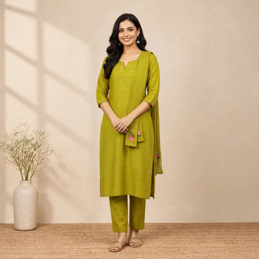 Green Cotton Partywear Suit Set For Women