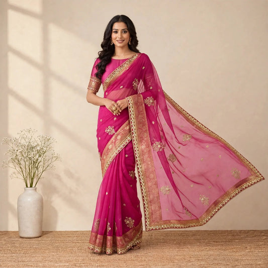 Magenta Pink Soft Organza Partywear Saree For Women