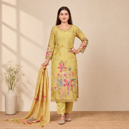 Yellow Rich Cotton-Silk Partywear Suit Set For Women