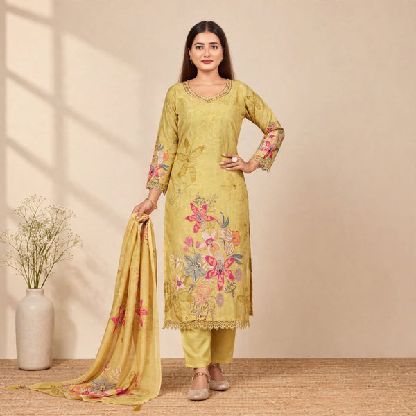Yellow Rich Cotton-Silk Partywear Suit Set For Women
