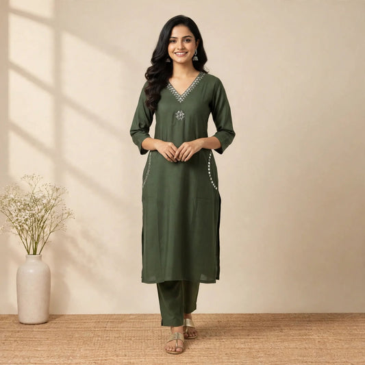 DarK Green Cotton Partywear 2pc Suit Set For Women