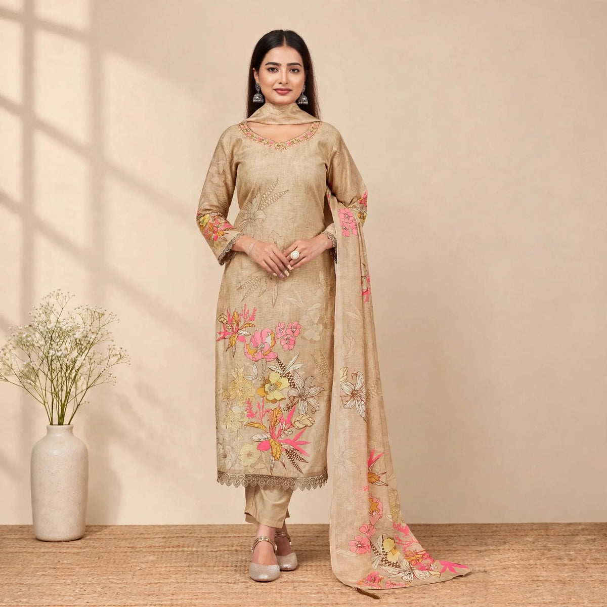 Cream Cotton Silk Partywear Suit Set For Women