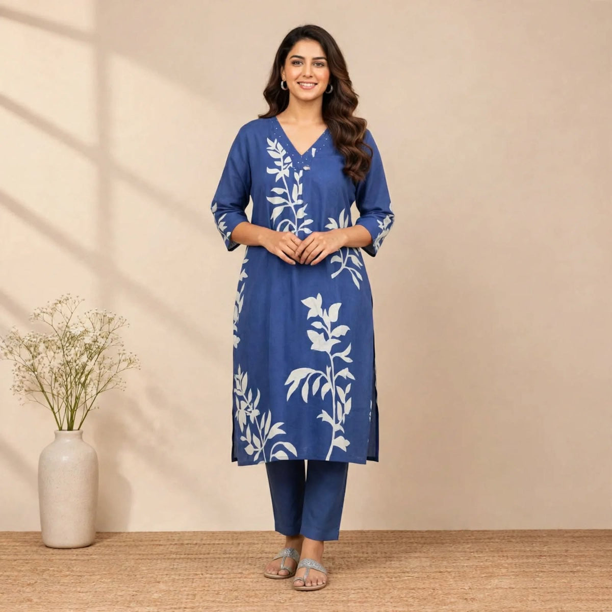 Navy Blue Cotton Partywear 2pc Suit Set For Women