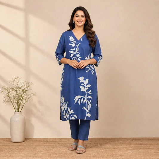 Navy Blue Cotton Partywear 2pc Suit Set For Women