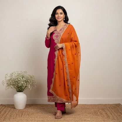 Pink & Orange Roman Silk Partywear 3pc Suit Set For Women