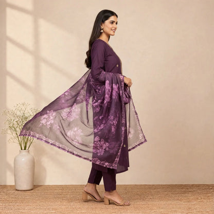 Purple Roman Silk Partywear Suit Set For Women