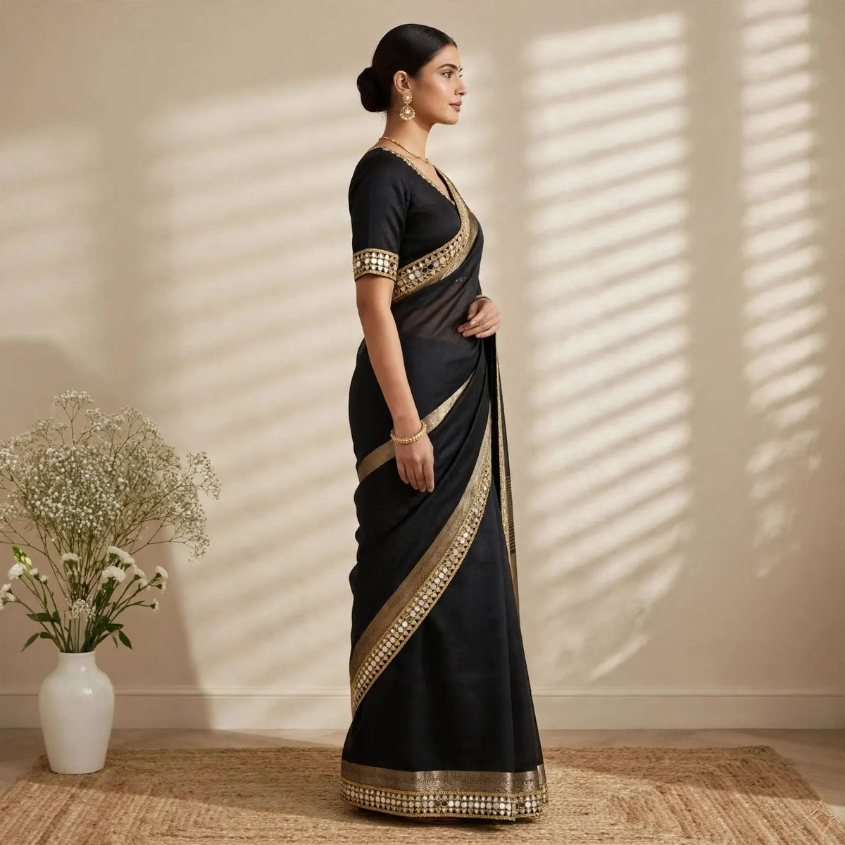 Black Soft Organza Partywear Saree For Women