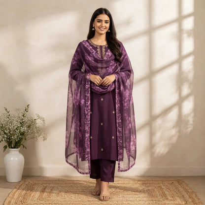 Purple Roman Silk Partywear Suit Set For Women