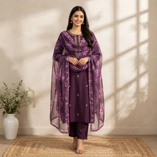 Purple Roman Silk Partywear Suit Set For Women