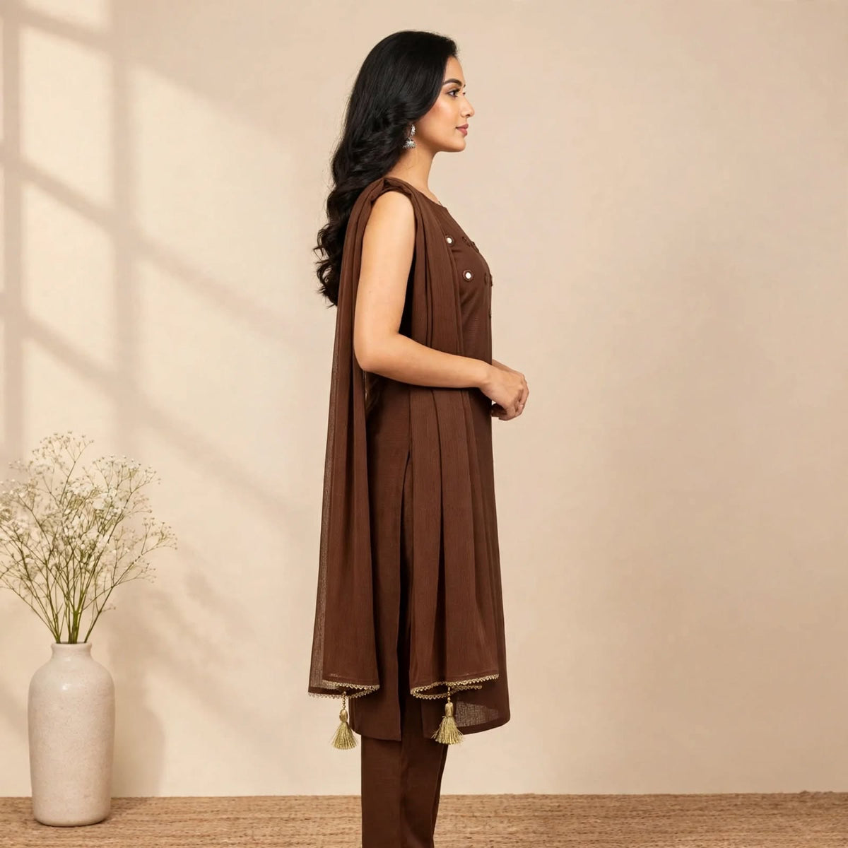 Brown Cotton Partywear Suit Set For Women