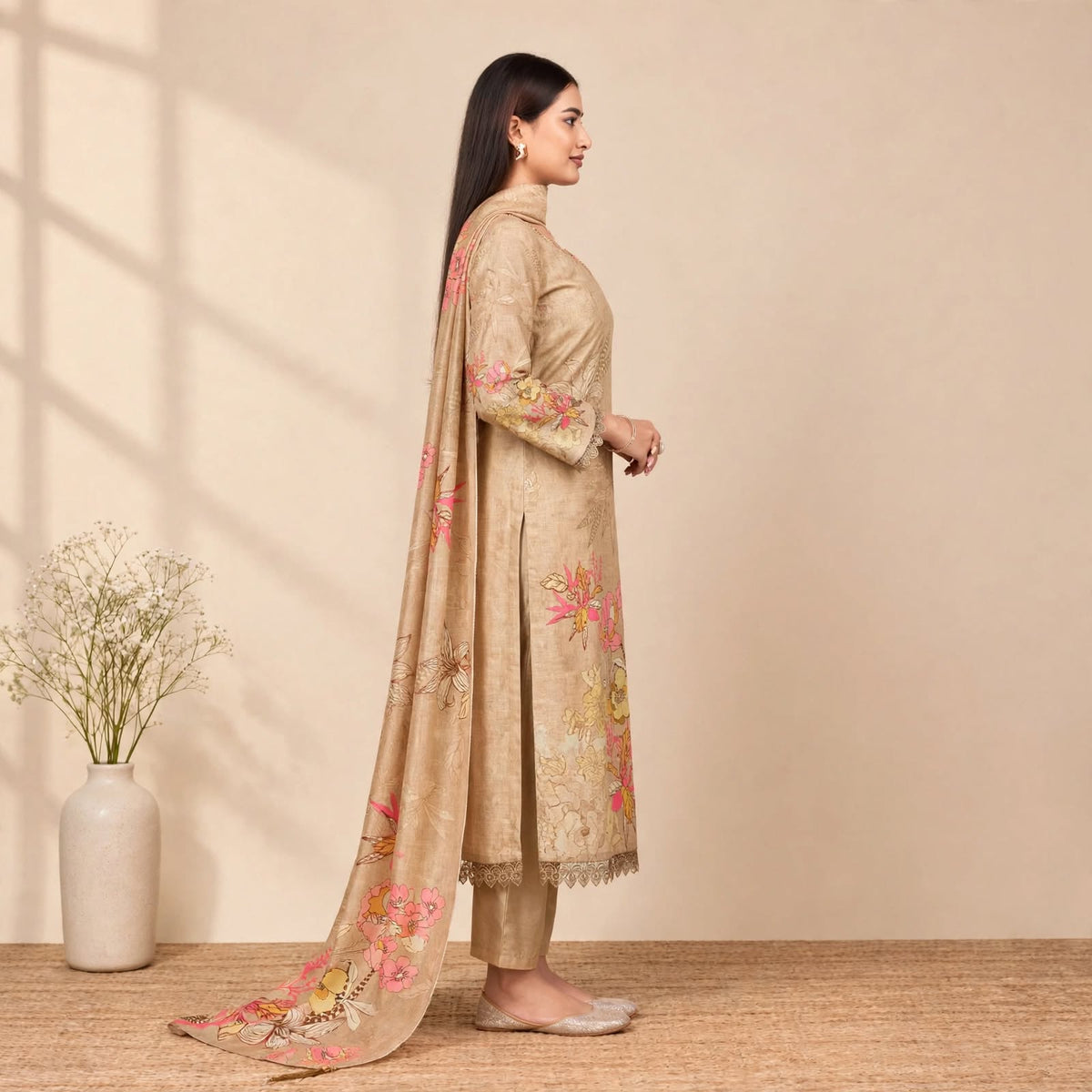 Cream Cotton Silk Partywear Suit Set For Women