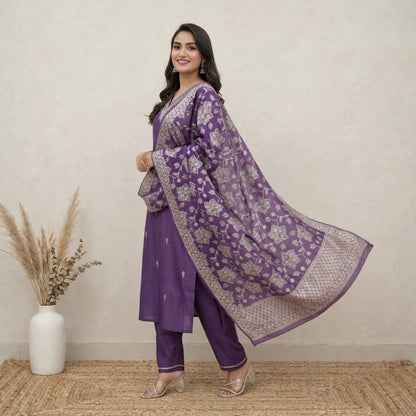 Purple Roman Silk Partywear 3pc Suit Set For Women
