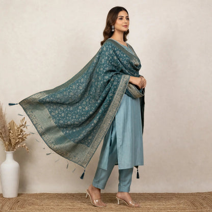 Peacock Blue Tissue Silk Fabric Partywear Suit Set For Women