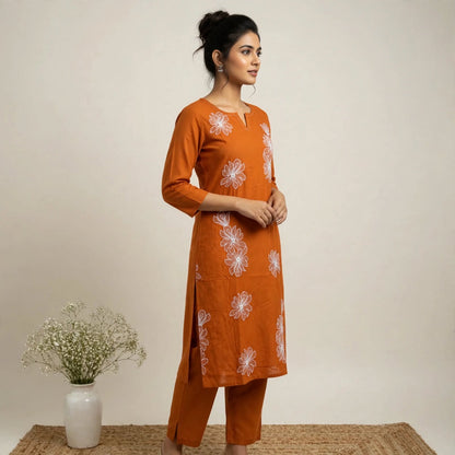 Rust Cotton Partywear 2pc Suit Set For Women