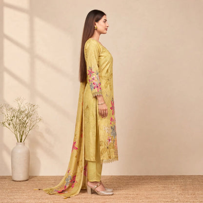 Yellow Rich Cotton-Silk Partywear Suit Set For Women