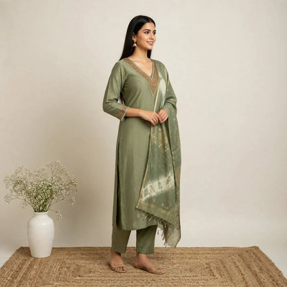 Light Green Roman Silk Partywear Suit Set For Women