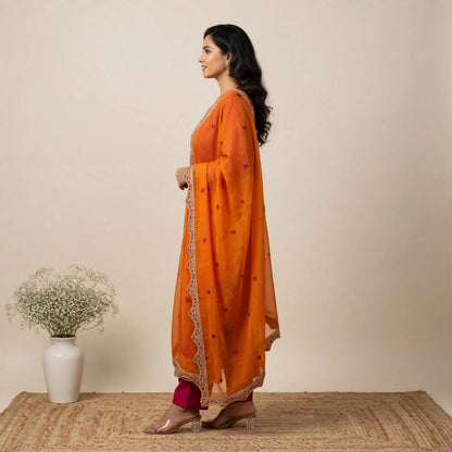 Pink & Orange Roman Silk Partywear 3pc Suit Set For Women