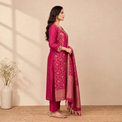 Pink Silk Cotton Partywear Suit Set For Women