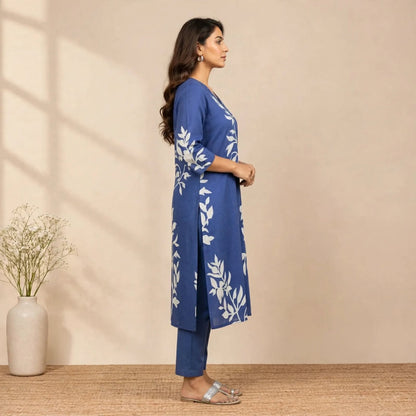 Navy Blue Cotton Partywear 2pc Suit Set For Women