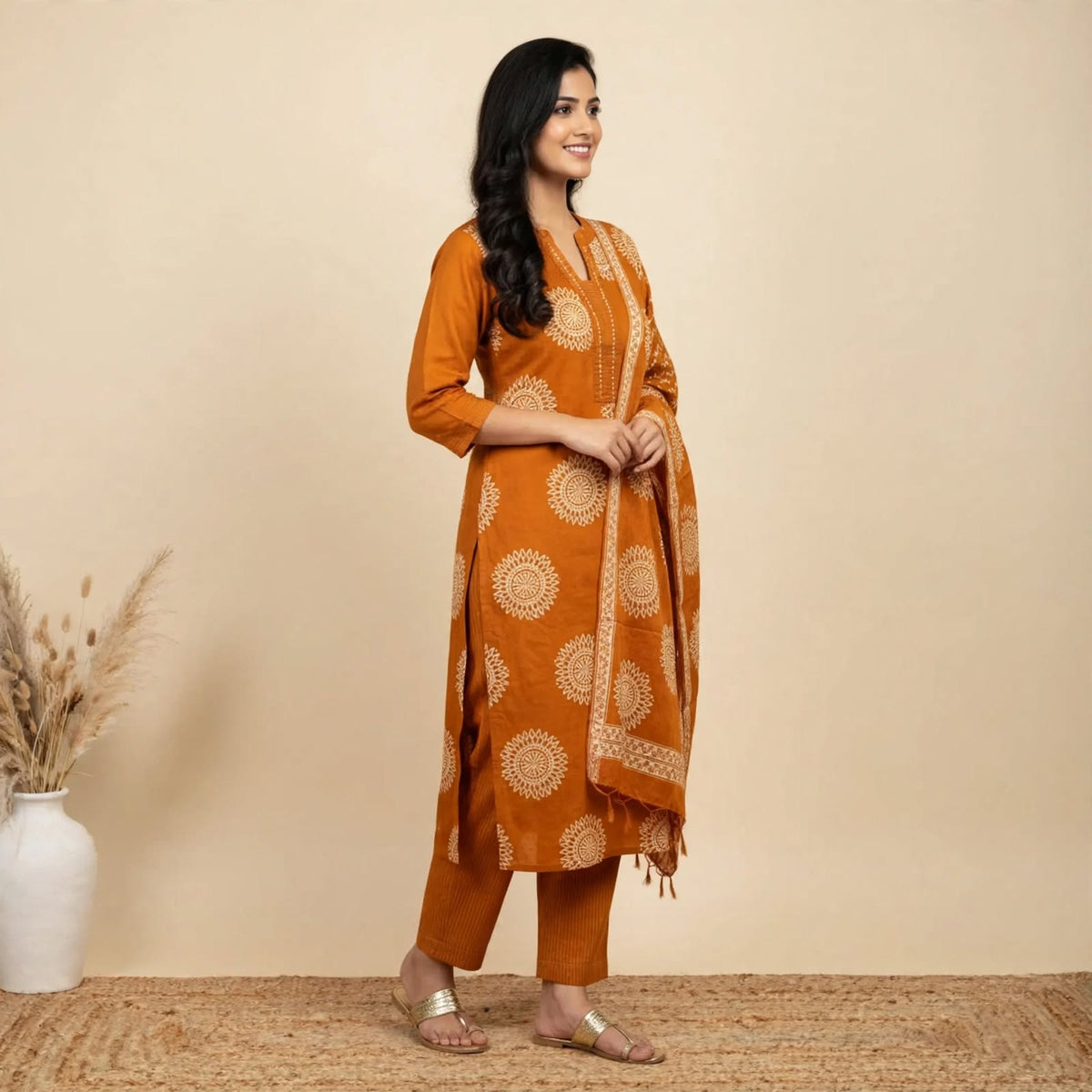 Rust Cotton Partywear Suit Set For Women