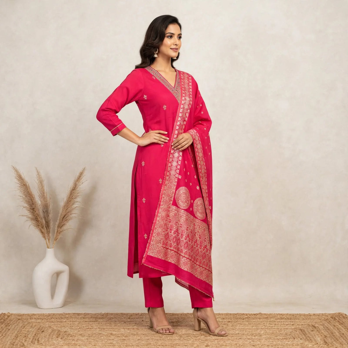 Pink Roman Silk Partywear Suit Set For Women