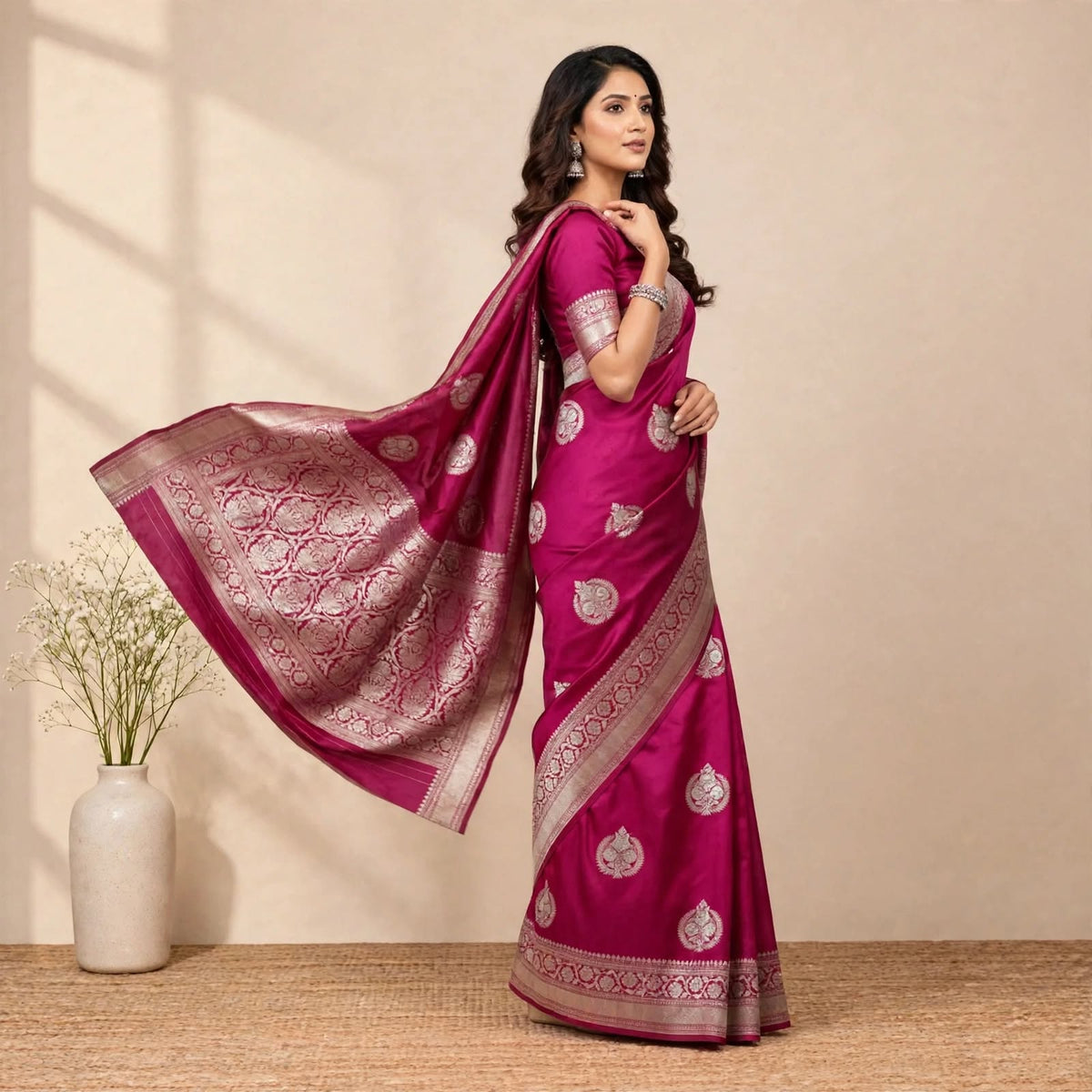 Magenta Pink Katan Silk Partywear Saree For Women