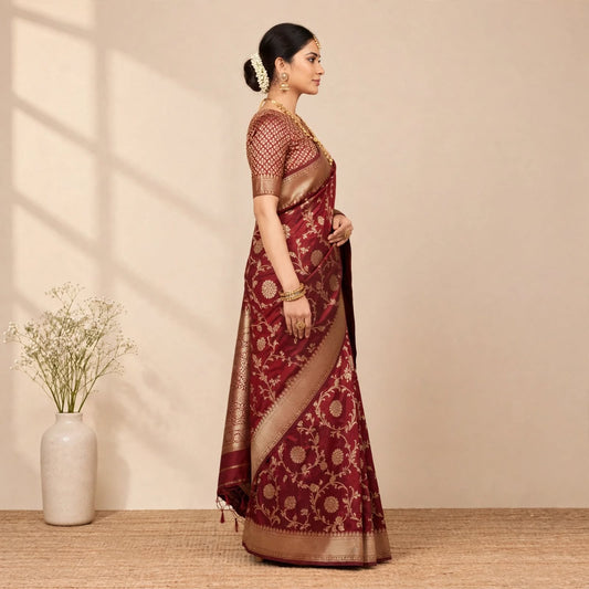 Maroon Soft Organza Partywear Saree For Women