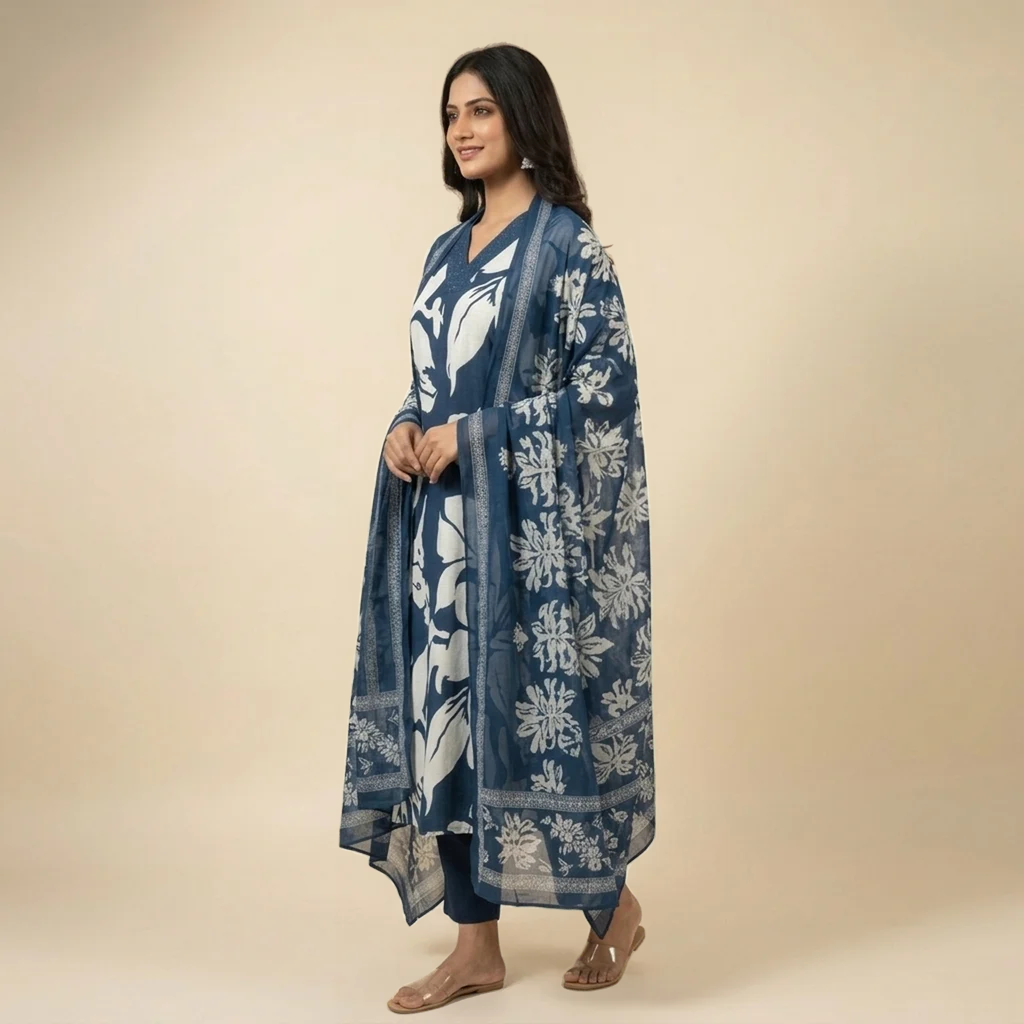 Navy Blue Cotton Partywear Suit Set For Women