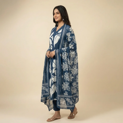Navy Blue Cotton Partywear Suit Set For Women