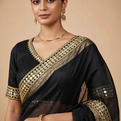 Black Soft Organza Partywear Saree For Women