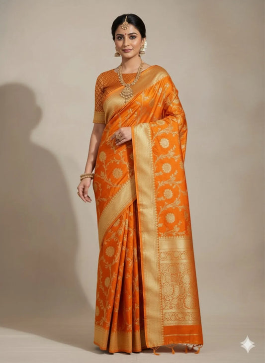 Mashroo Orange Soft Organza Partywear Saree For Women