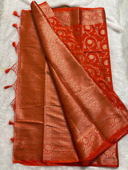 Mashroo Orange Soft Organza Partywear Saree For Women