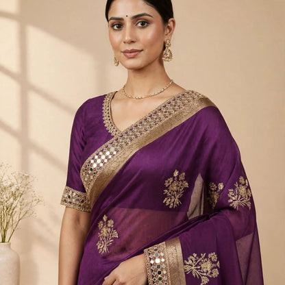 Purple Soft Organza Partywear Saree For Women