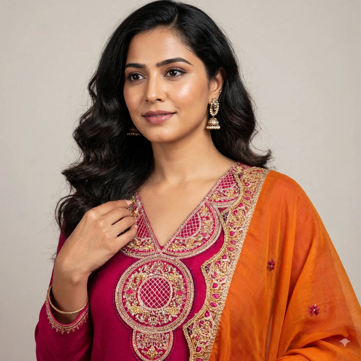 Pink & Orange Roman Silk Partywear 3pc Suit Set For Women