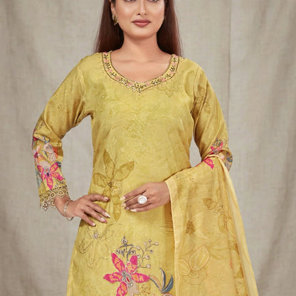 Yellow Rich Cotton-Silk Partywear Suit Set For Women