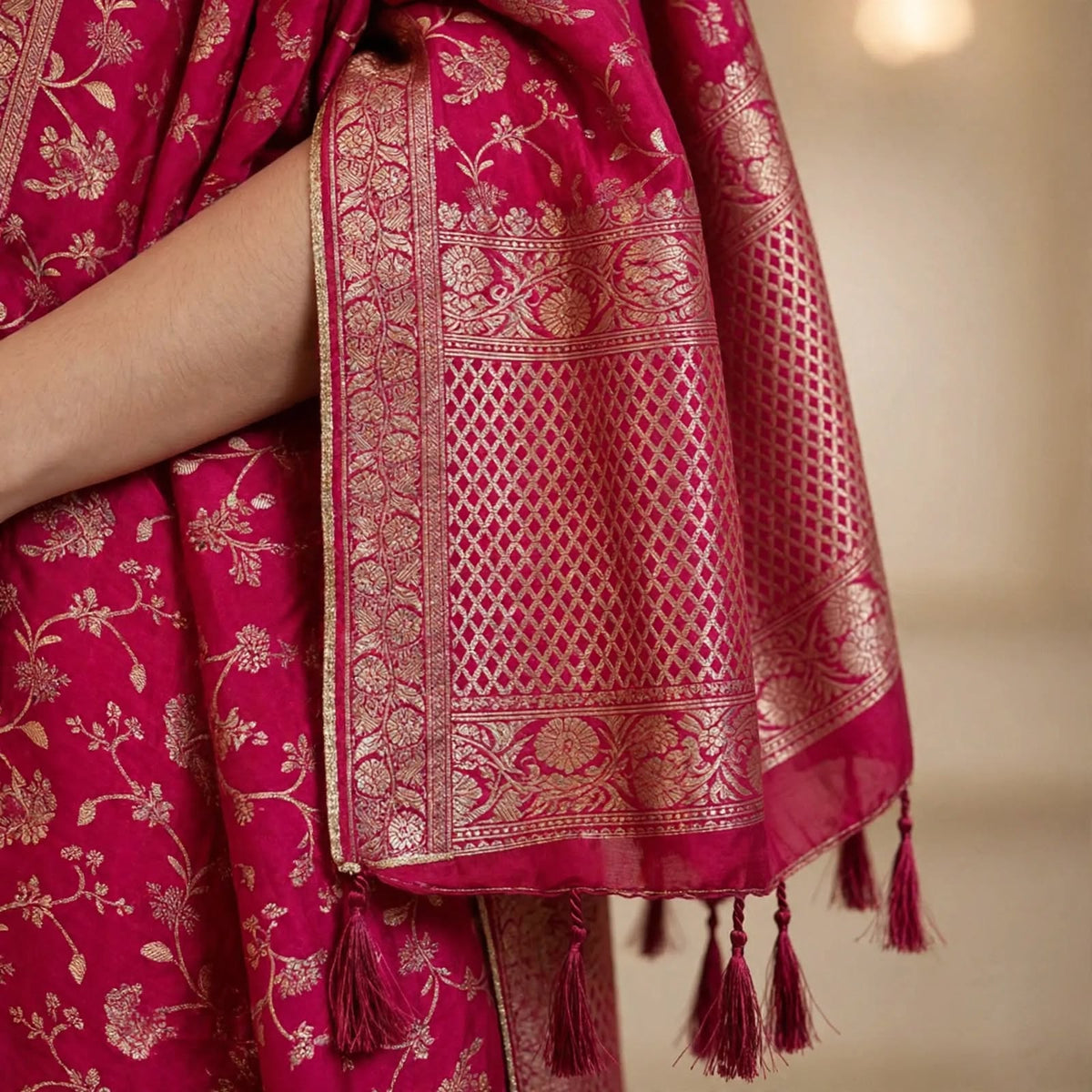 Pink Silk Cotton Partywear Suit Set For Women