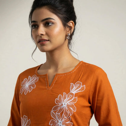 Rust Cotton Partywear 2pc Suit Set For Women