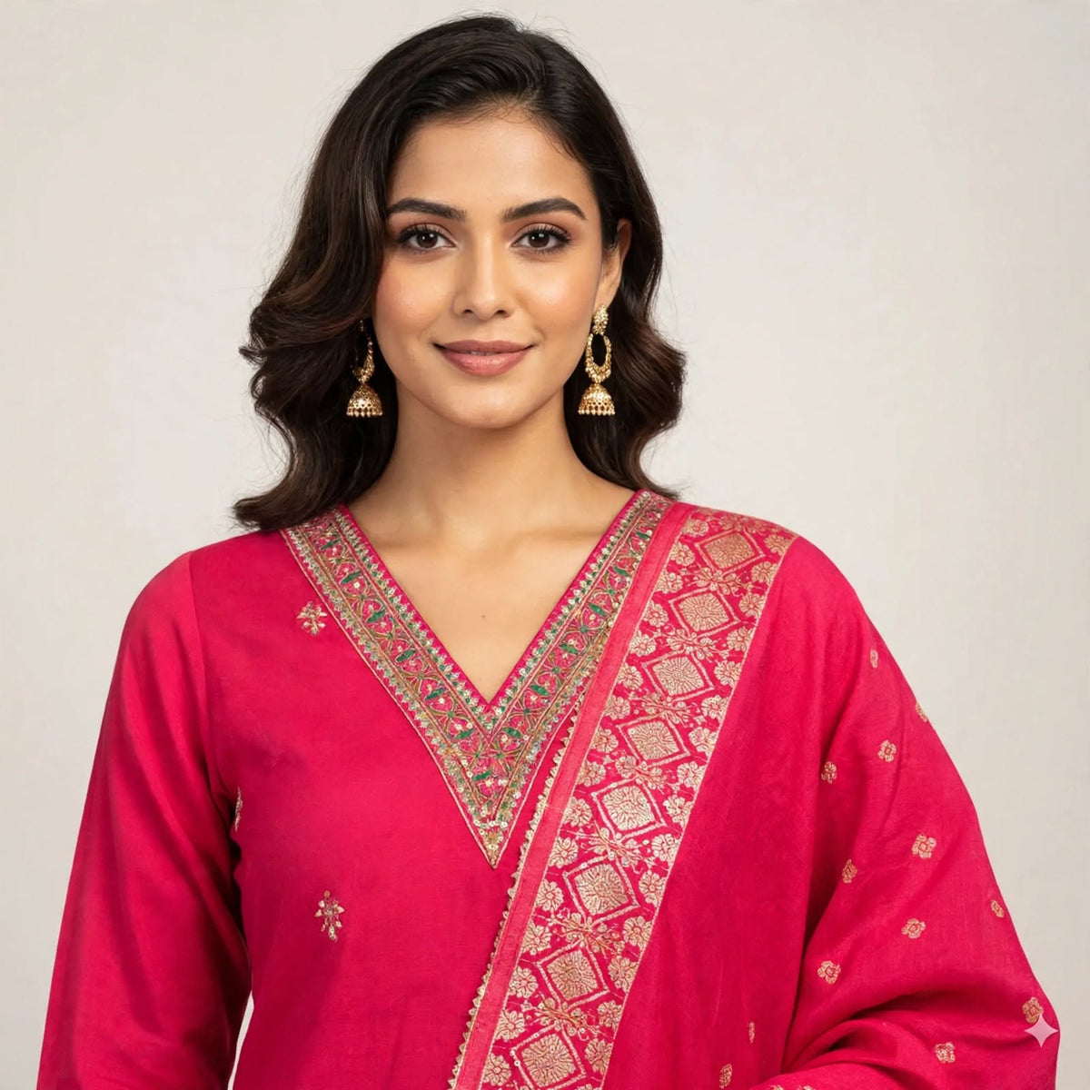 Pink Roman Silk Partywear Suit Set For Women