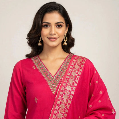 Pink Roman Silk Partywear Suit Set For Women