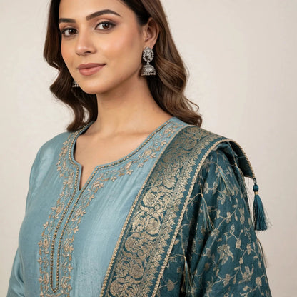 Peacock Blue Tissue Silk Fabric Partywear Suit Set For Women