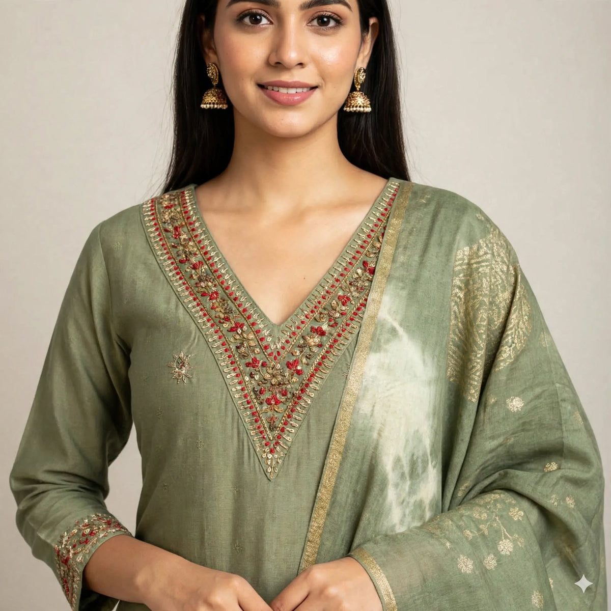 Light Green Roman Silk Partywear Suit Set For Women