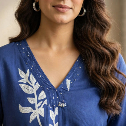 Navy Blue Cotton Partywear 2pc Suit Set For Women
