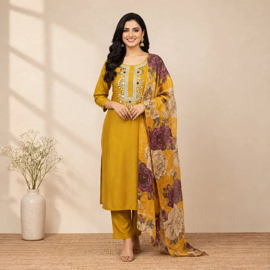 Yellow Cotton Silk Partywear Suit Set For Women