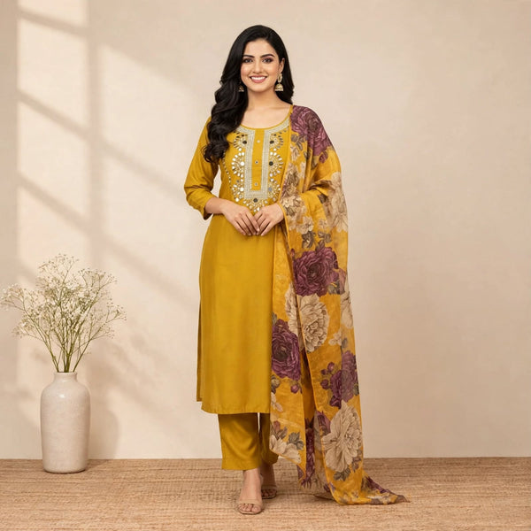 Yellow Cotton Silk Partywear Suit Set For Women