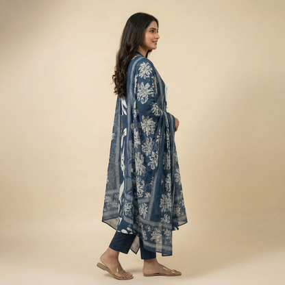 Navy Blue Cotton Partywear Suit Set For Women