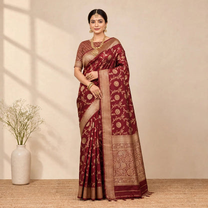 Maroon Soft Organza Partywear Saree For Women